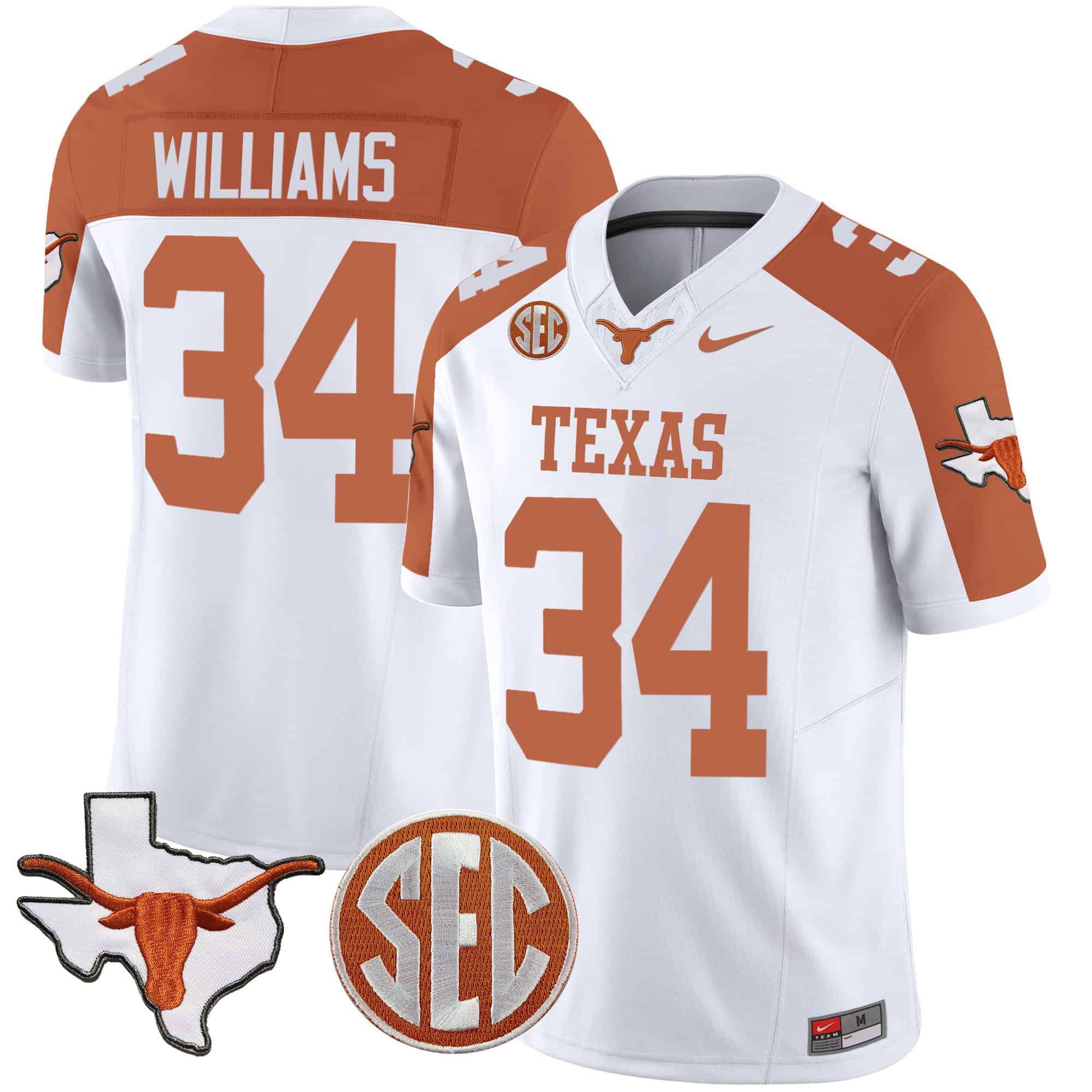 Men Texas Longhorns 34 Williams White 2024 Nike State Map & SEC Patch Vapor NCAA Jersey style 1